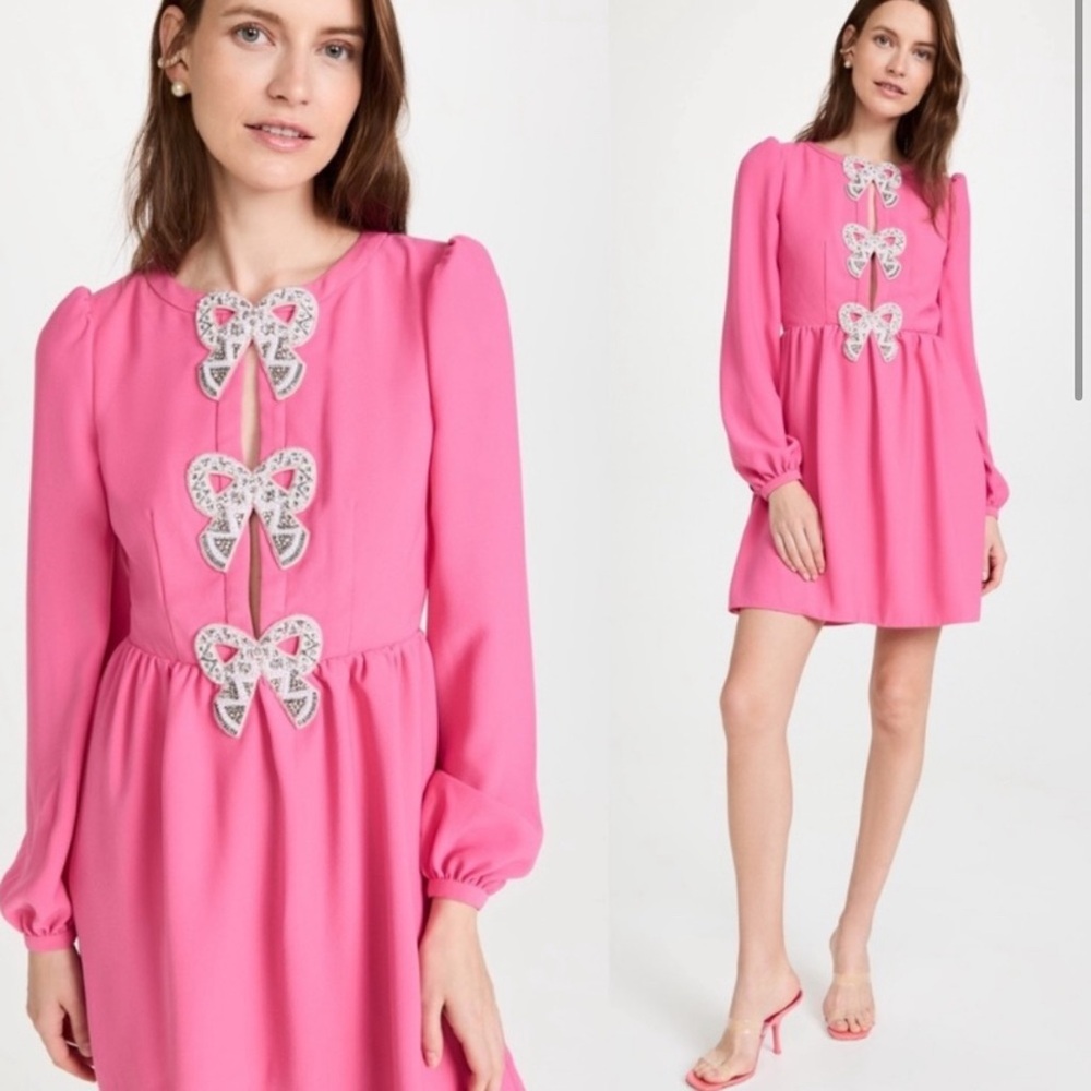 SALONI Camille Pink Crepe Pearl & Silver Bows Mini Dress Size US 0